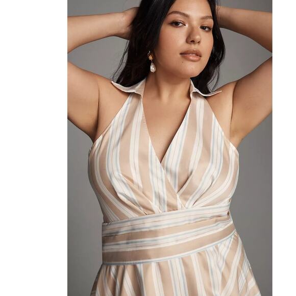 New Anthropologie Maeve Asymmetrical Wrap Shirt Dress $180 SIZE 14 Neutral Motif - Picture 2 of 10